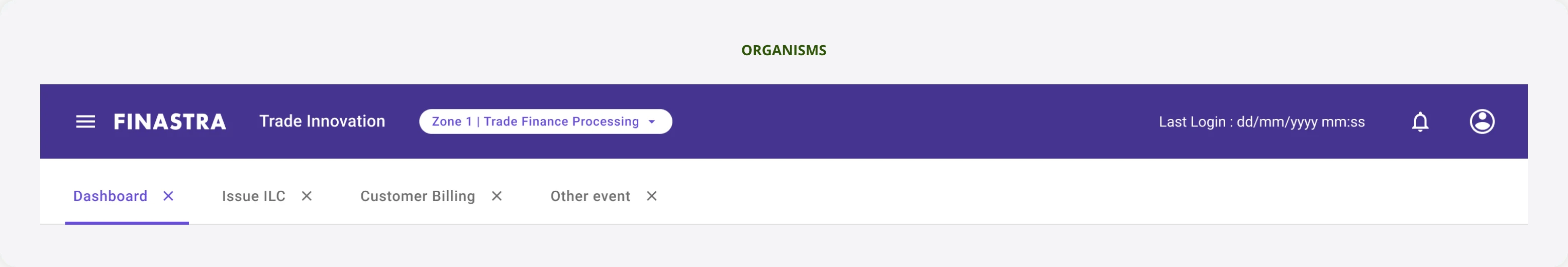 Organisms: the Trade Innovation app bar