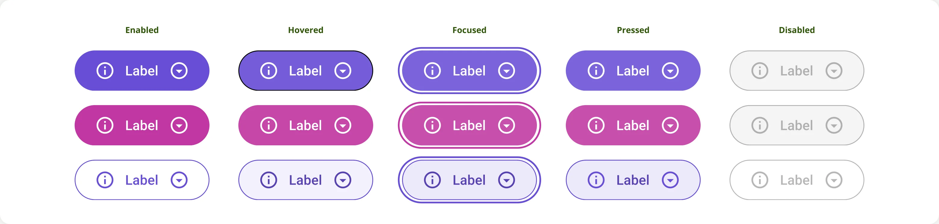 Button variants in their enabled, hovered, focused, pressed and disabled states