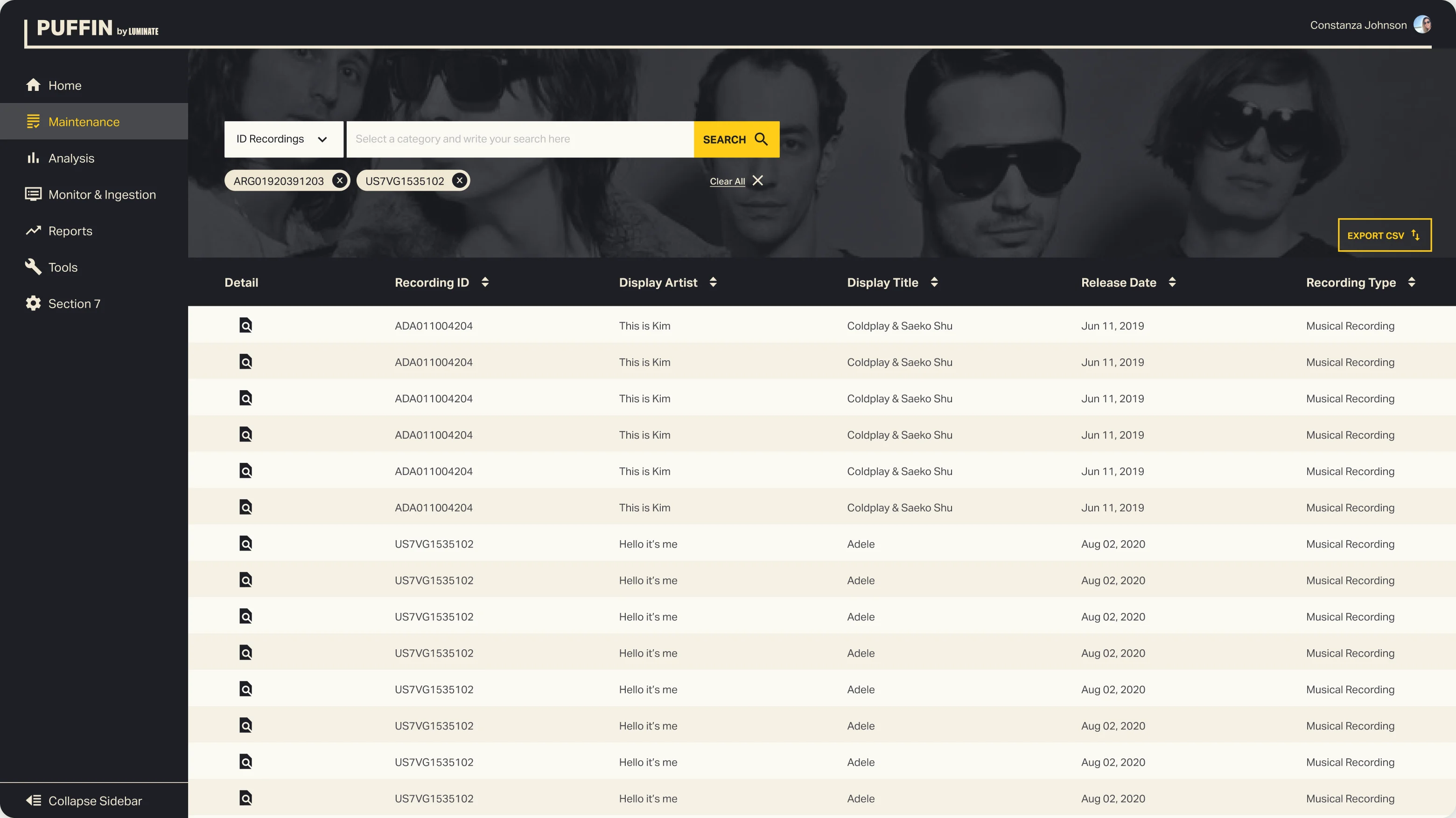 Internal portal: search results for recordings